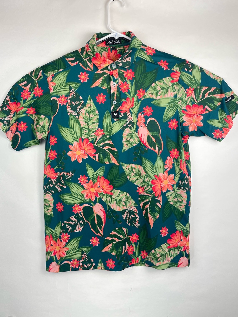 Bad Birdie Teal Floral Tropical Polo Mens Medium
